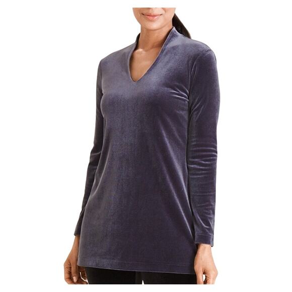 Chico's Tops - Chicos M Womens Blue Soft Stretch Velvet Tunic Top V Neckline 3/4 Length Sleeves
